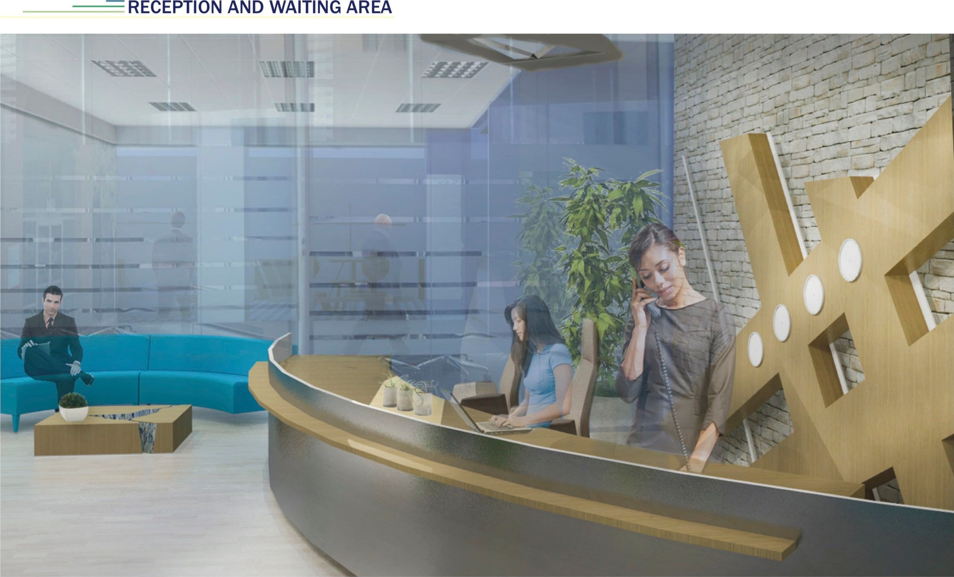 NEXT real estate office reception: curved desk, teal sofa, gold sculpture, commercial-scale daylight.