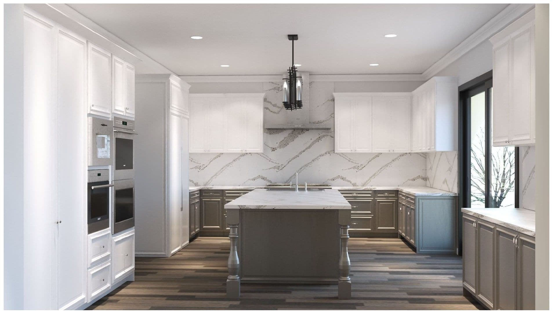 Kitchen rendering: a central marble waterfall island beneath a black lantern pendant, a dramatic book-matched marble backsplash, white perimeter cabinetry with double wall ovens, and wide-plank wood floors.