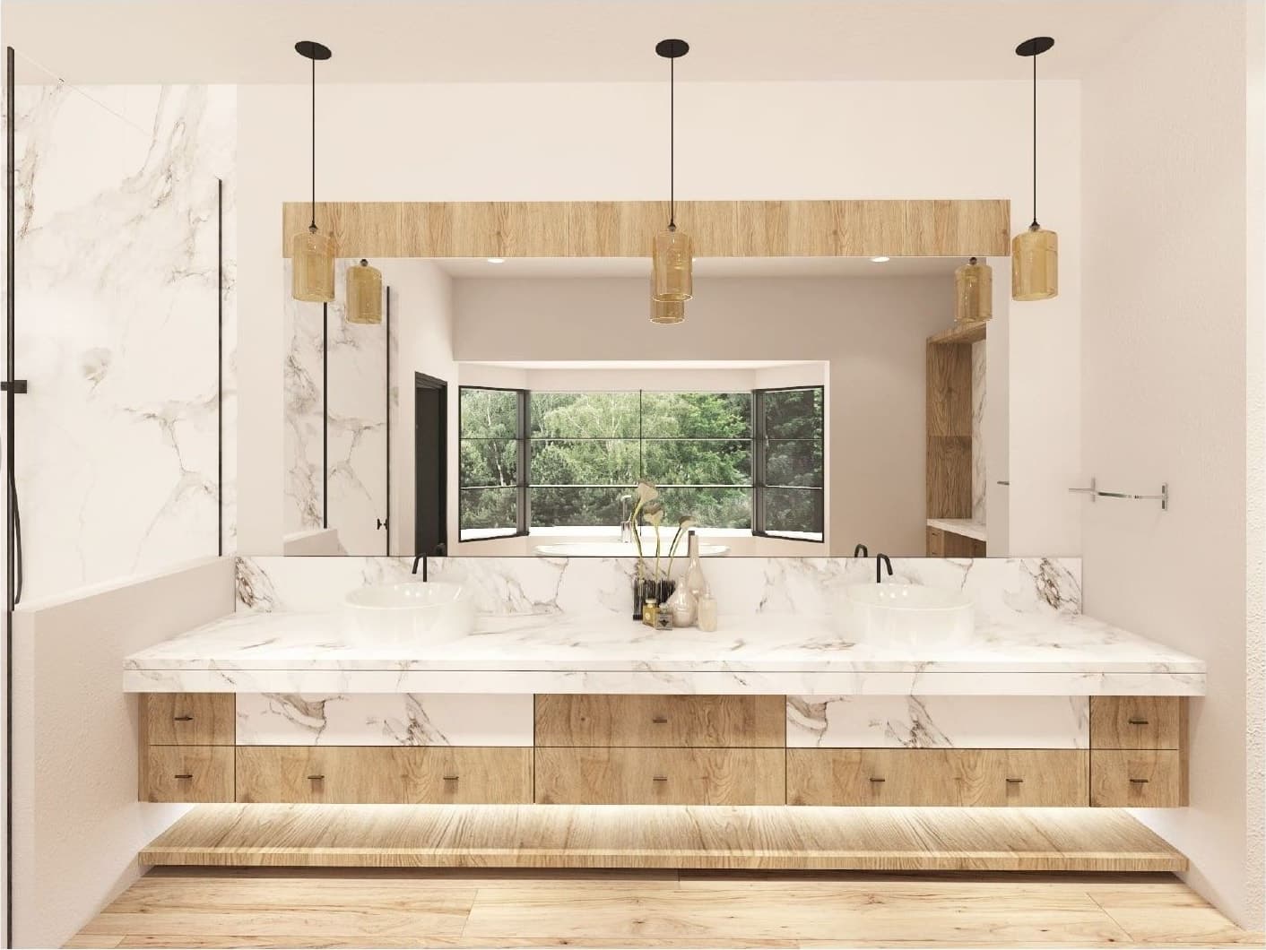 Master bath vanity wall: dead-symmetric composition with a triple pendant stack, central marble backsplash slab, full-width vanity below.